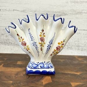 Hand Painted Portugal Pottery Fan Vase Blue Floral Multi Spout Tulip Vase 8”